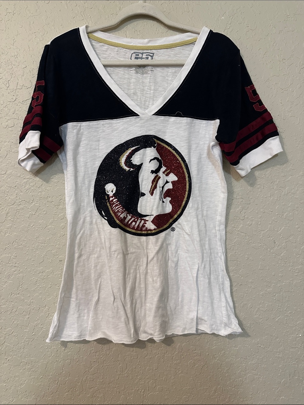 FSU Short Sleeve V-Neck Tee in White and Garnet q